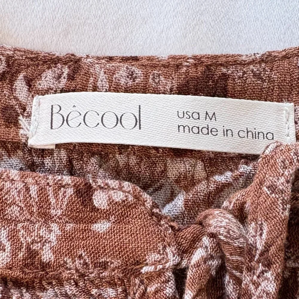 Brown Crinkle Textured Boho Chic Floral Dress by BE COOL, Size Medium - Picture 2 of 11